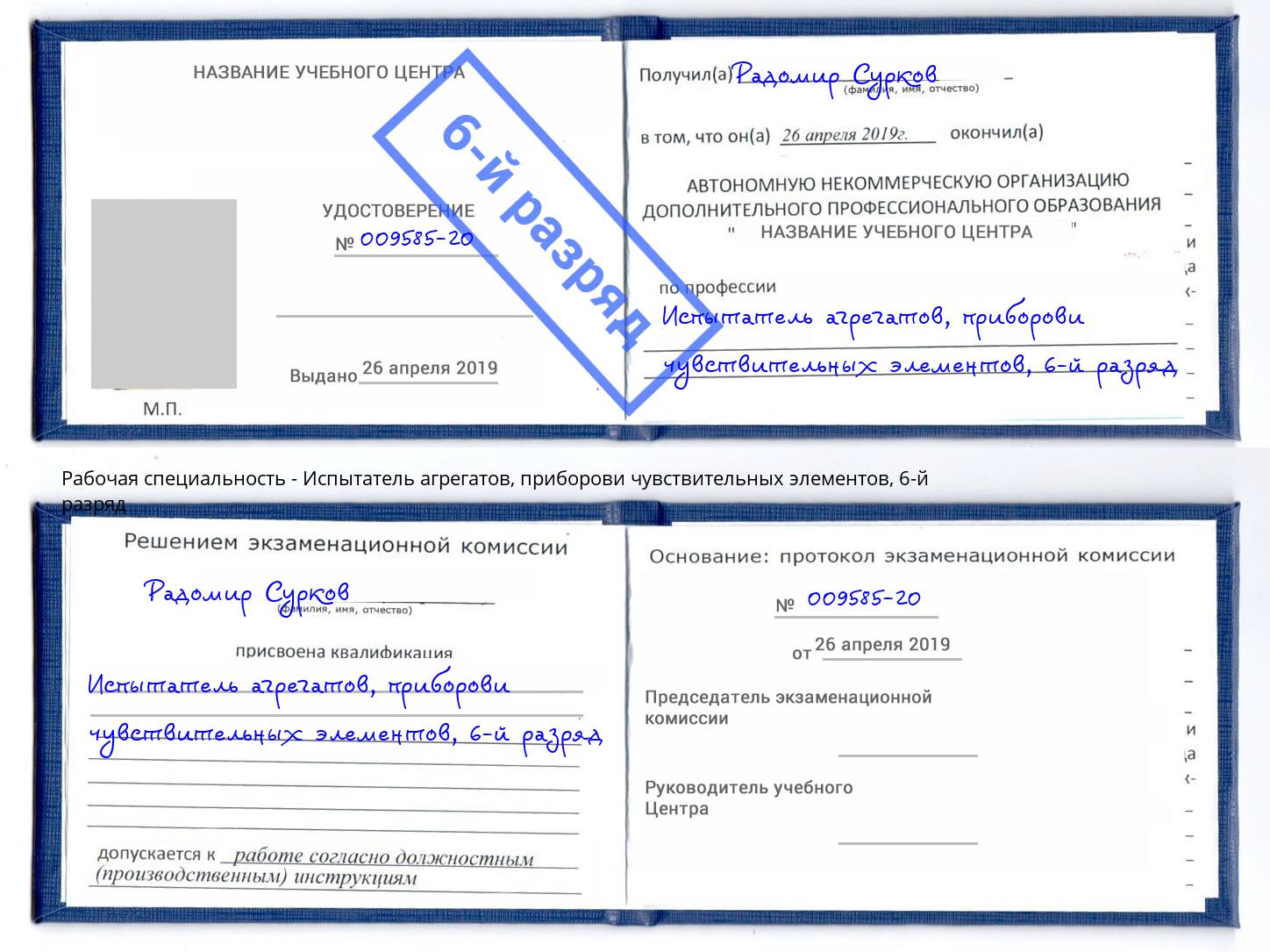 корочка 6-й разряд Испытатель агрегатов, приборови чувствительных элементов Солнечногорск
