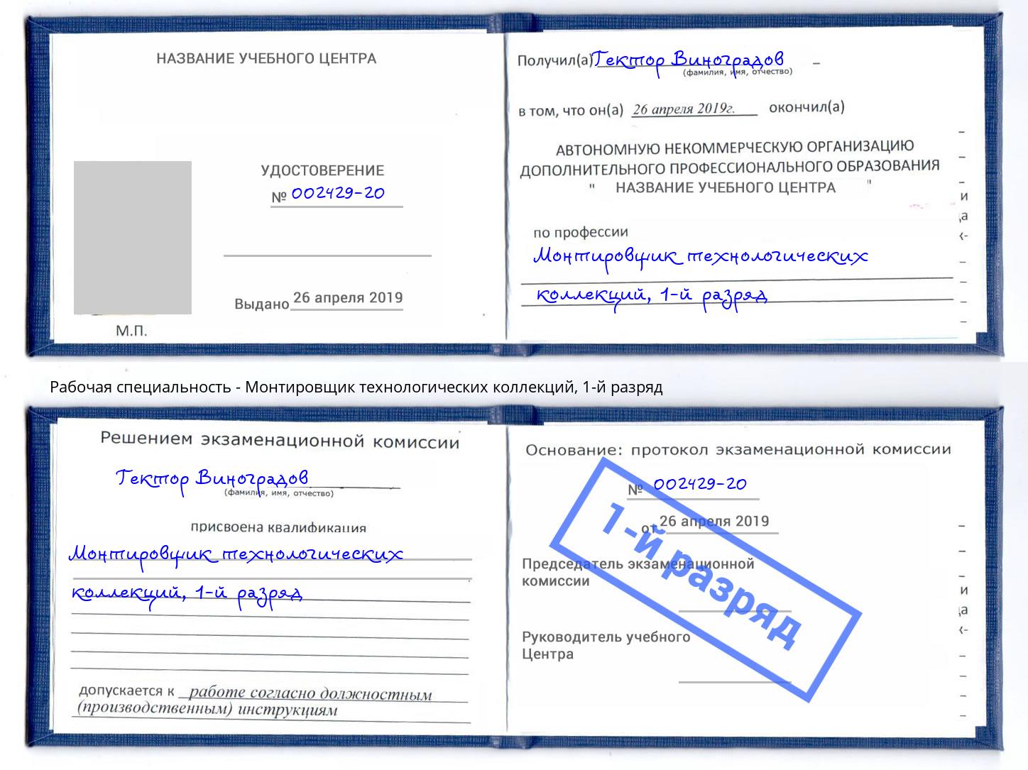 корочка 1-й разряд Монтировщик технологических коллекций Солнечногорск