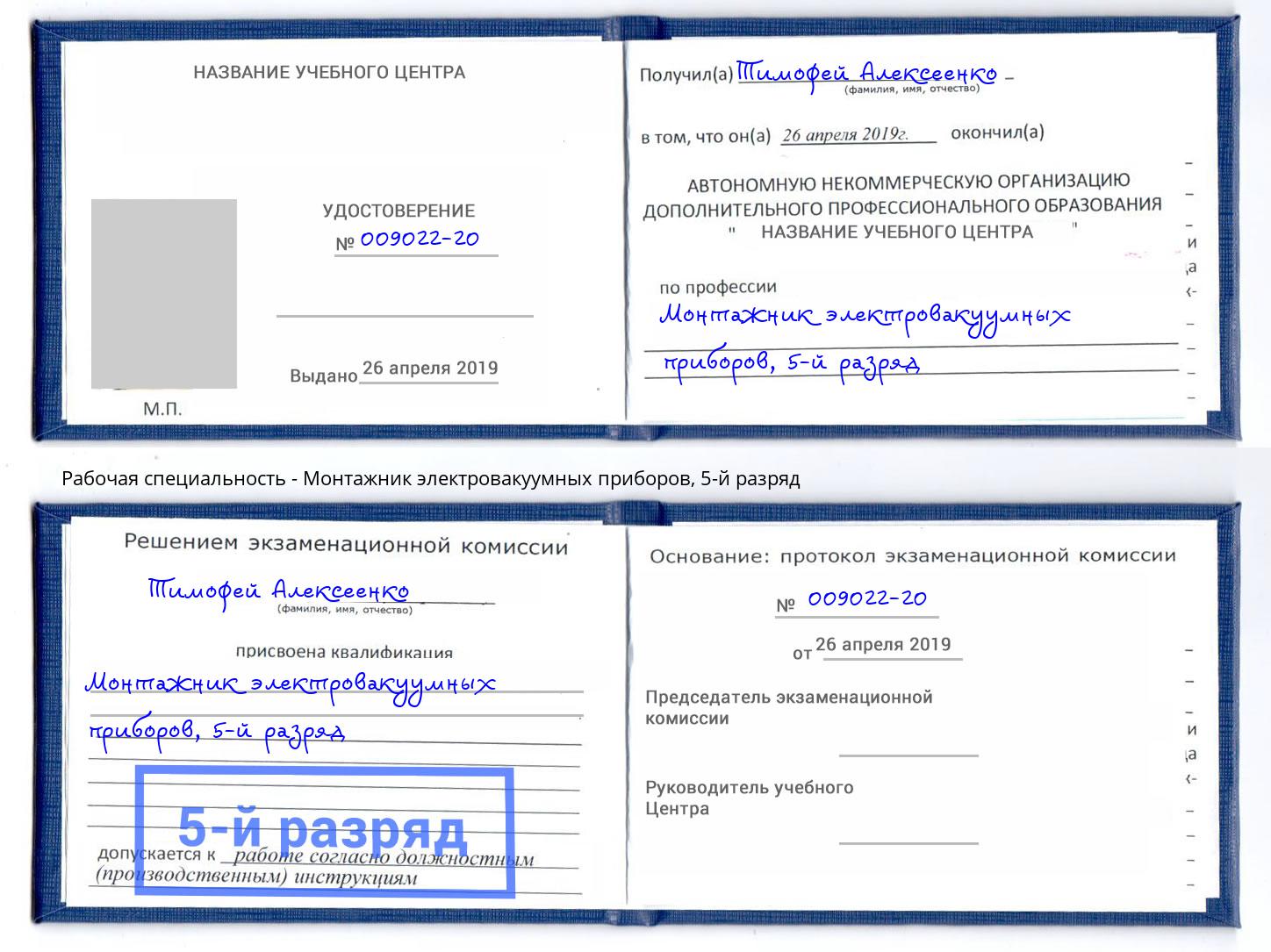 корочка 5-й разряд Монтажник электровакуумных приборов Солнечногорск