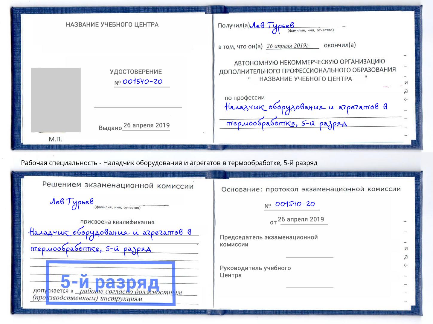 корочка 5-й разряд Наладчик оборудования и агрегатов в термообработке Солнечногорск