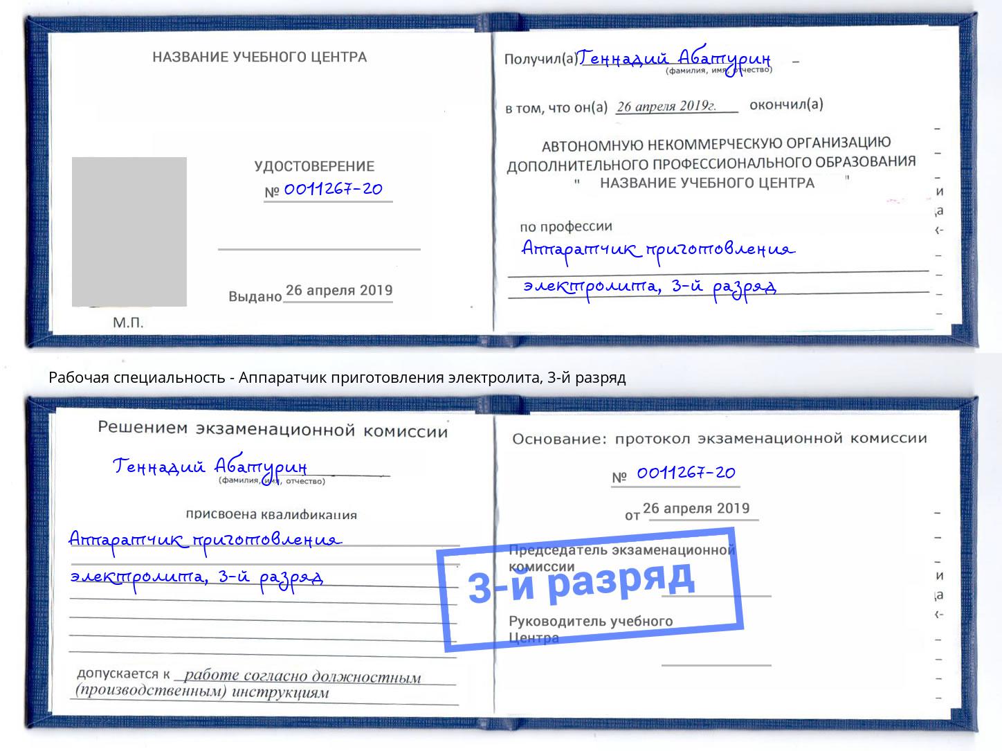 корочка 3-й разряд Аппаратчик приготовления электролита Солнечногорск