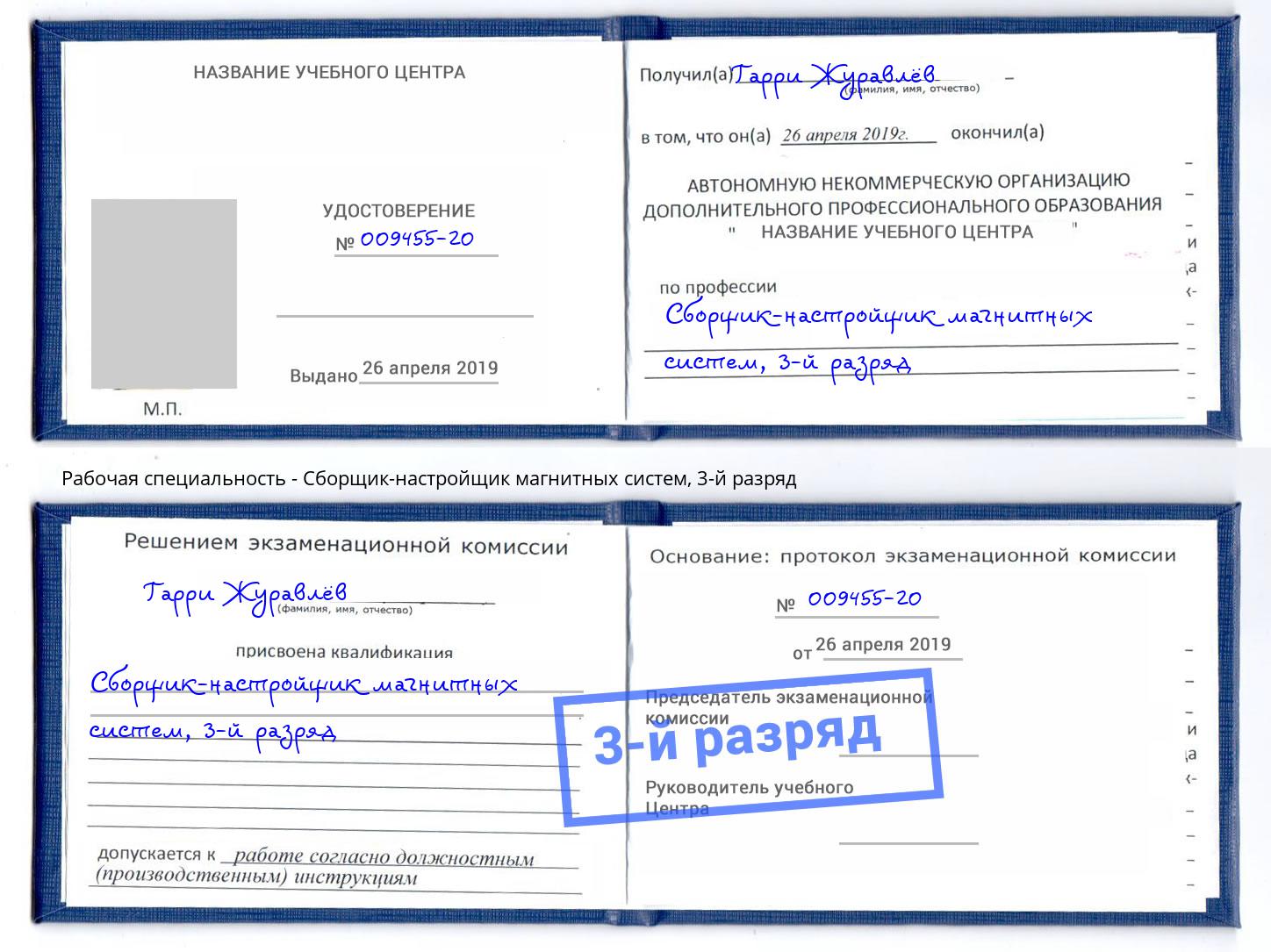 корочка 3-й разряд Сборщик-настройщик магнитных систем Солнечногорск