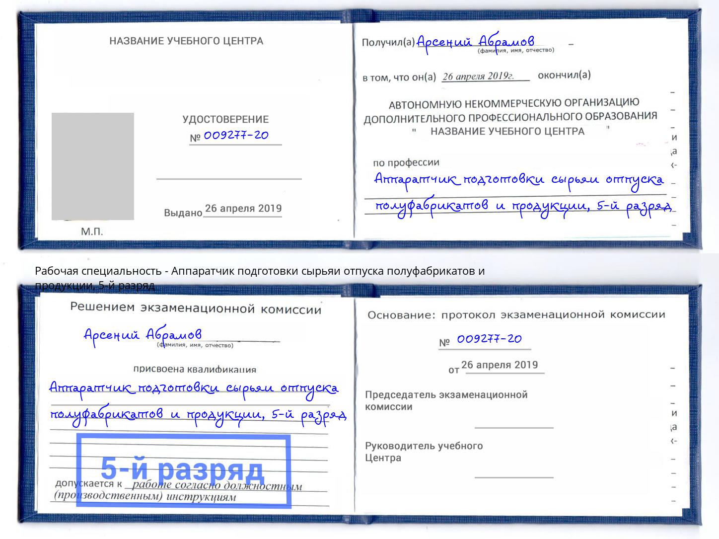 корочка 5-й разряд Аппаратчик подготовки сырьяи отпуска полуфабрикатов и продукции Солнечногорск