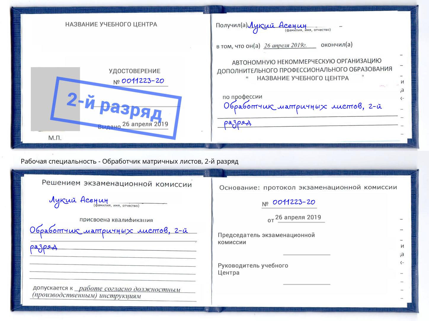корочка 2-й разряд Обработчик матричных листов Солнечногорск