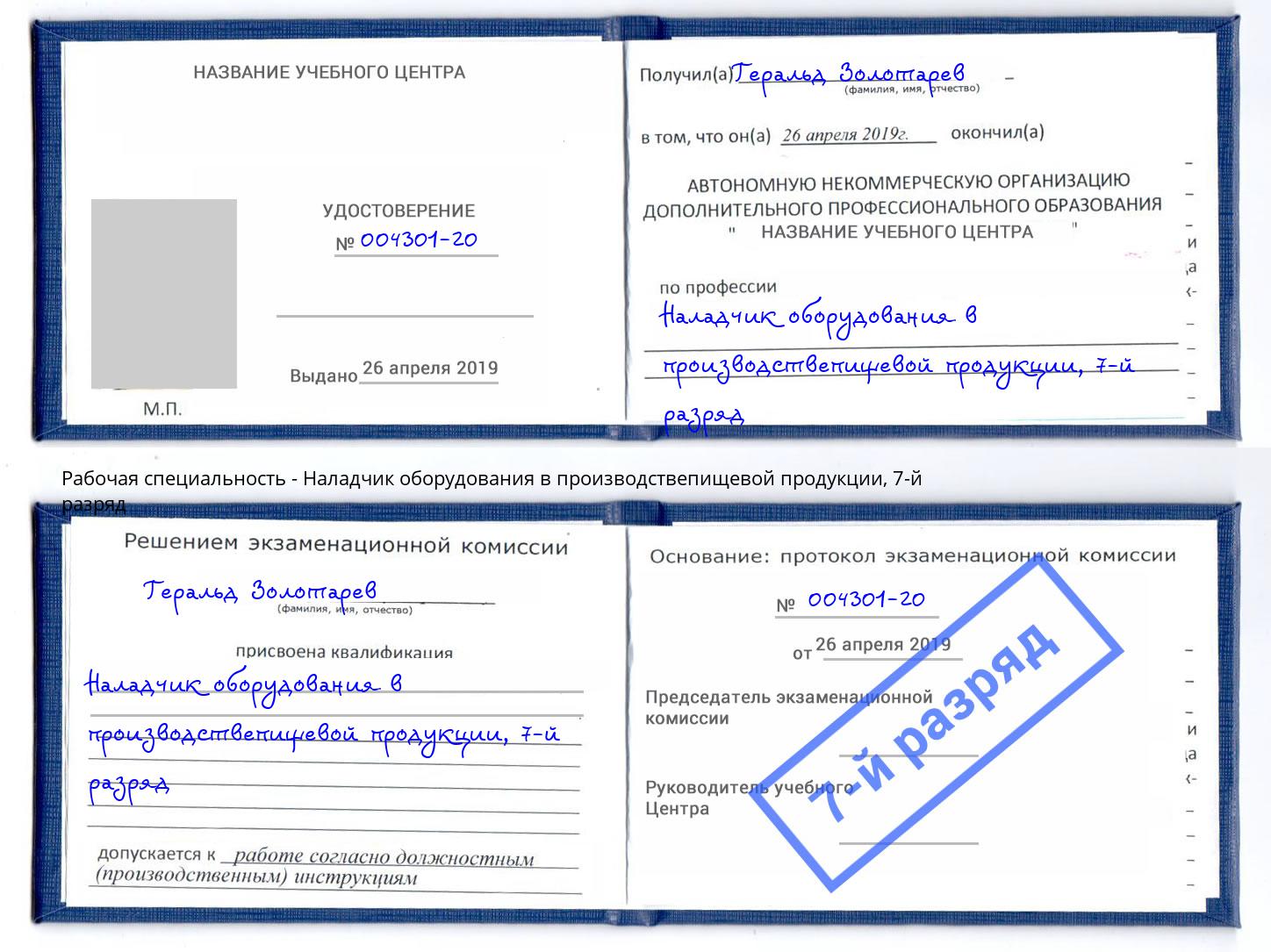 корочка 7-й разряд Наладчик оборудования в производствепищевой продукции Солнечногорск