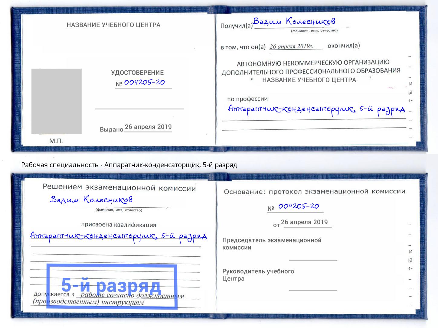 корочка 5-й разряд Аппаратчик-конденсаторщик Солнечногорск