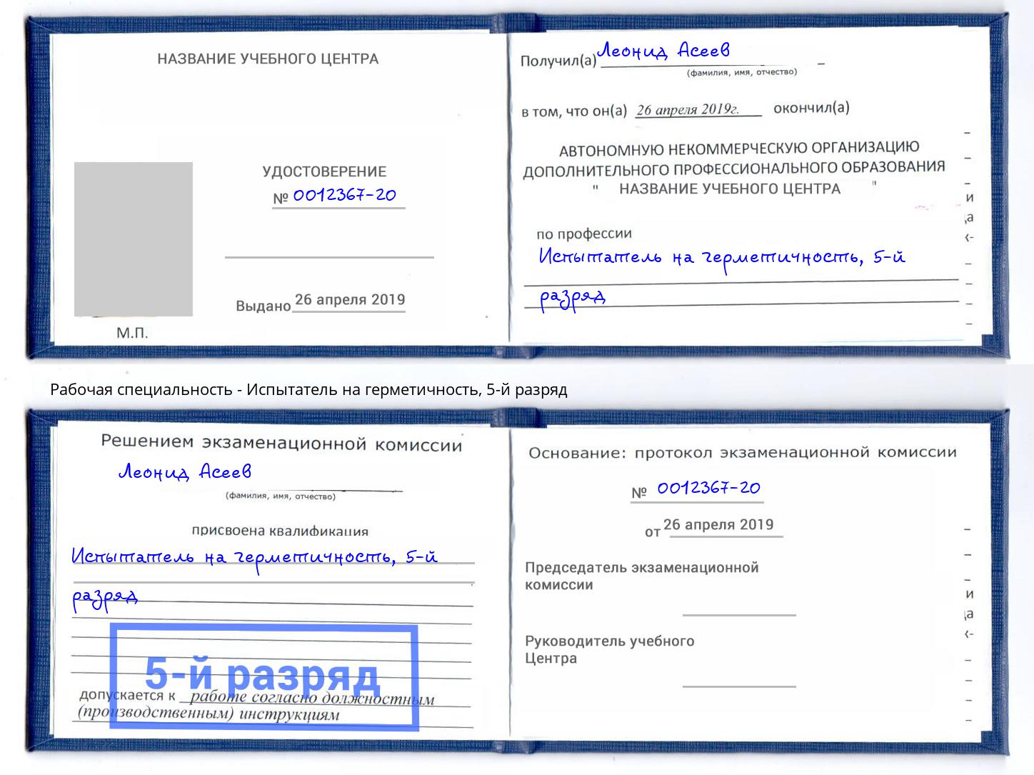 корочка 5-й разряд Испытатель на герметичность Солнечногорск