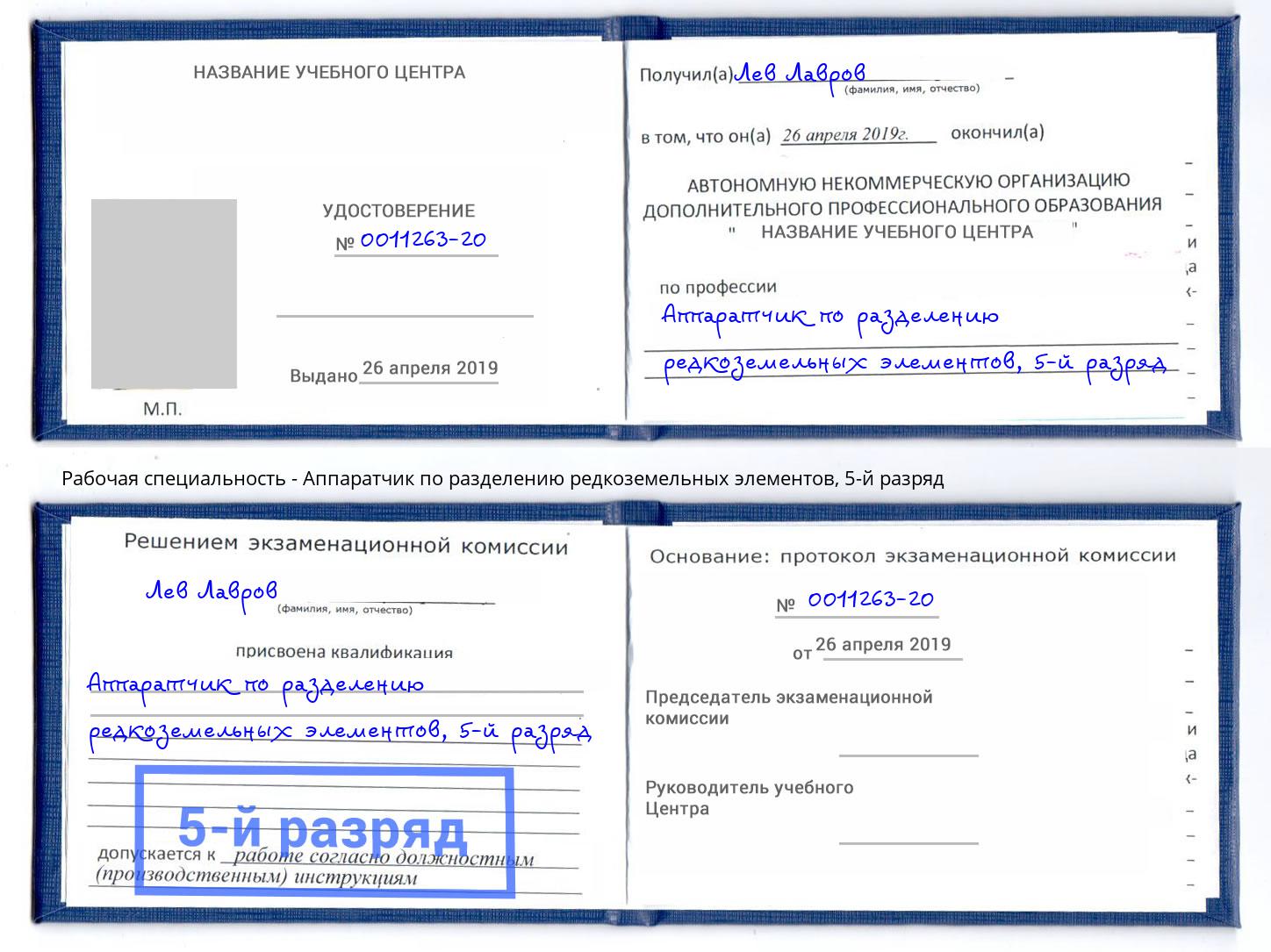 корочка 5-й разряд Аппаратчик по разделению редкоземельных элементов Солнечногорск