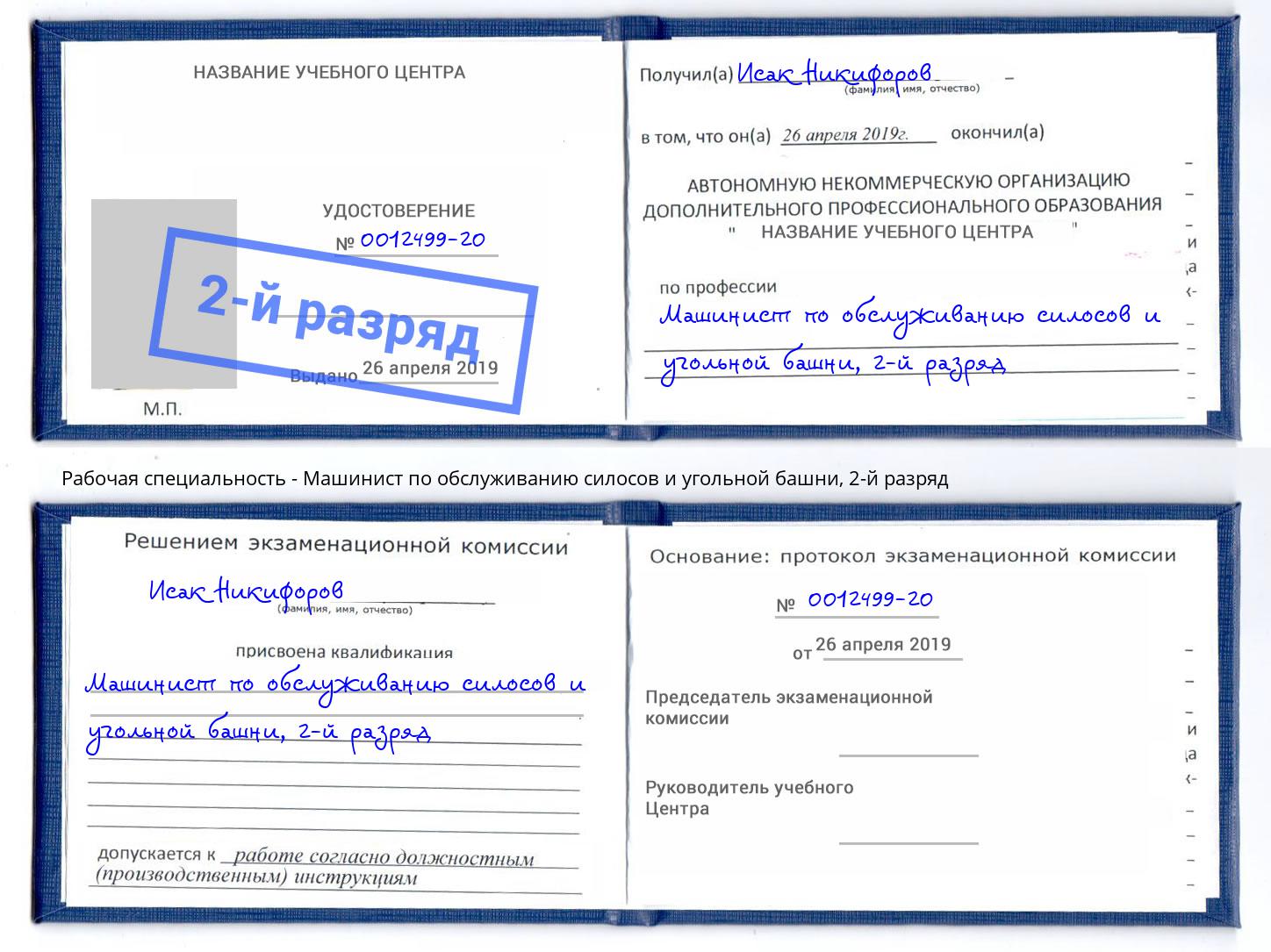 корочка 2-й разряд Машинист по обслуживанию силосов и угольной башни Солнечногорск